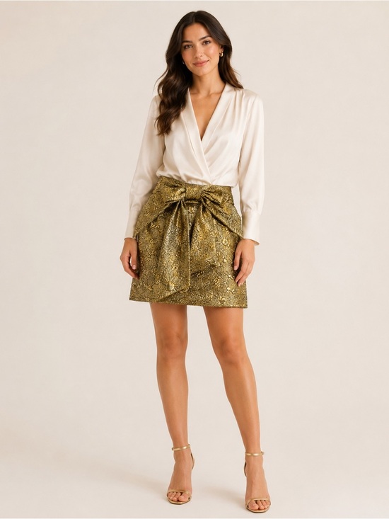 Ciebon Dresses & Skirts - NWT Gold Metallic Floral Jacquard Mini Skirt with Statement Bow | Party Holiday